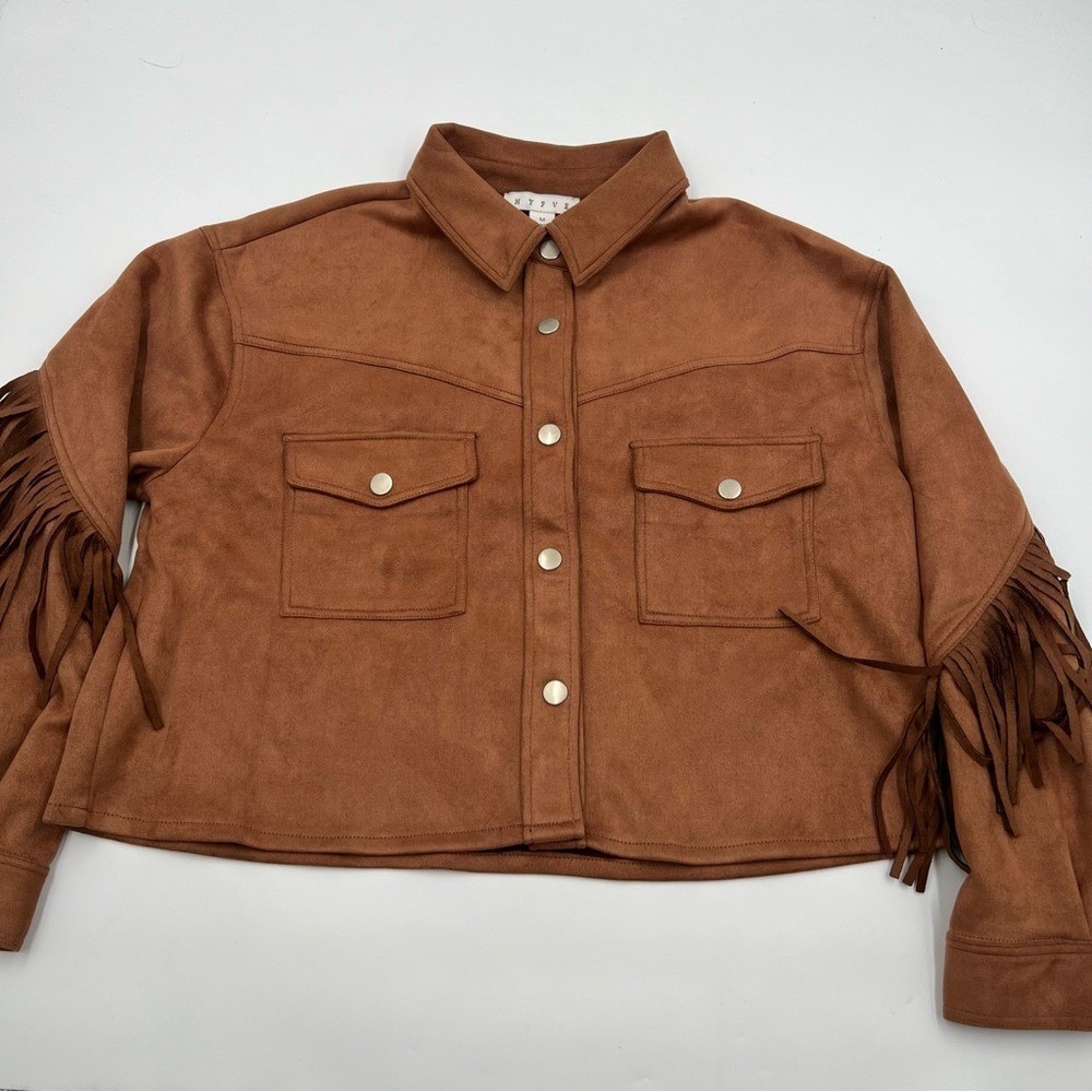 Hyfve Womens Cognac Brown Faux Suede Fringe Western Cropped Shacket‎ Size M